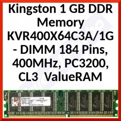 Kingston 1 GB DDR Memory KVR400X64C3A/1G - DIMM 184 Pins, 400MHz, PC3200, CL3  ValueRAM - Refurbished